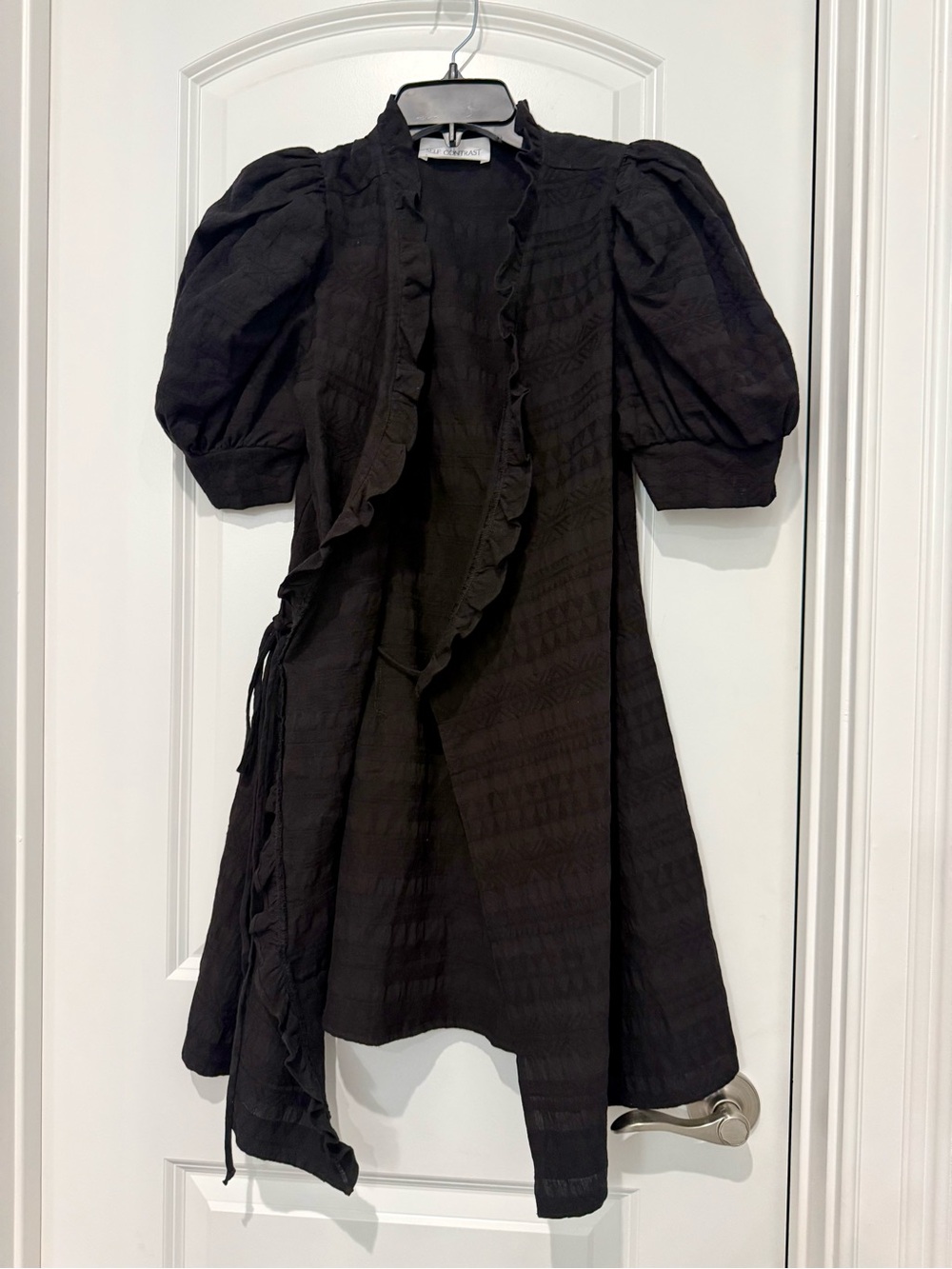 Black Puff-Sleeve Mini Dress with Ruffle Trim